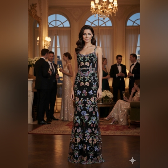 Marchesa Notte Dresses & Skirts - NWOT Size 6 Marchese Notte  Metallic Black & Floral Embroidered Tulle Gown